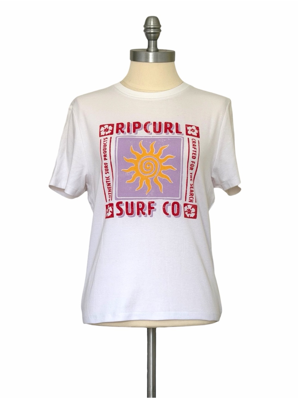 Rip Curl NWT White Tee with Yellow Sun & Purple Panel Size M